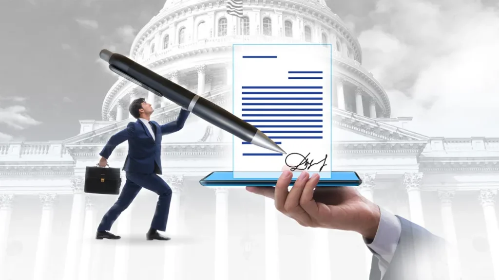 Illustration of a contract being signed in front of the U.S. Capitol