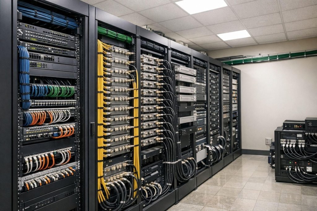 Server racks with colour-coded structured cabling