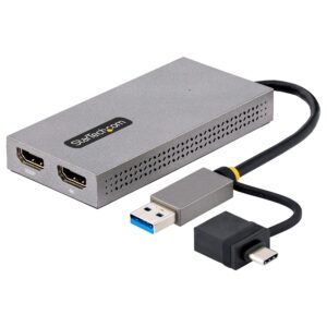 USB to Dual HDMI Adapter, USB A/C to 2x HDMI Displays (1x 4K30Hz, 1x 1080p), Integrated USB-A to C Dongle, 4in/11cm Cable, USB 3.0 to HDMI