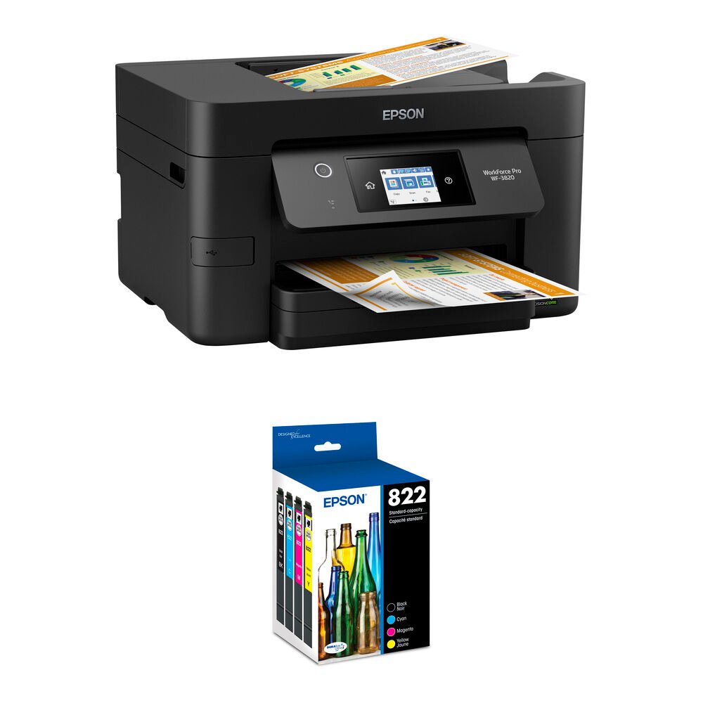 Epson WorkForce Pro WF-3820 All-in-One Inkjet Printer with T822 Standard Capacity Black and Color Combo Pack Kit