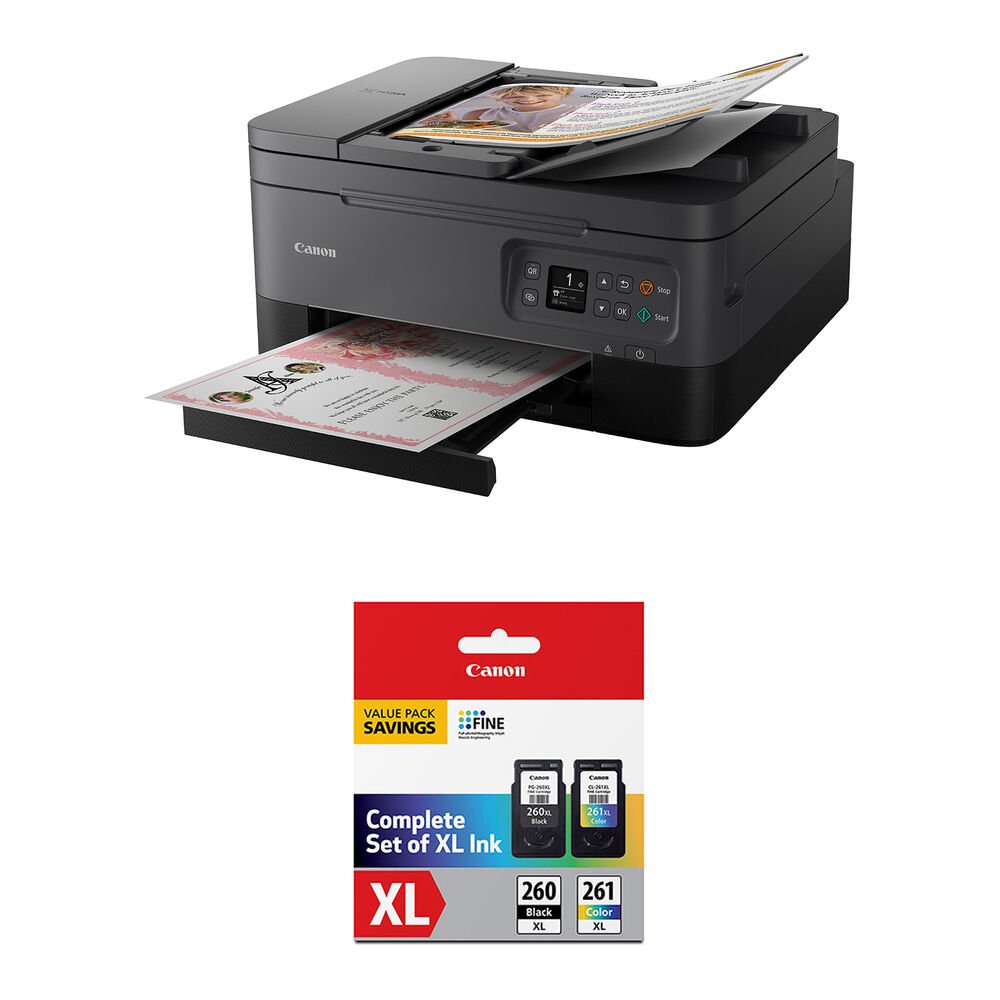 Canon PIXMA TR7020a Wireless Inkjet All-In-One Color Printer with PG-260 XL Black/CL-261 XL Color Ink Value Pack Kit (Black)