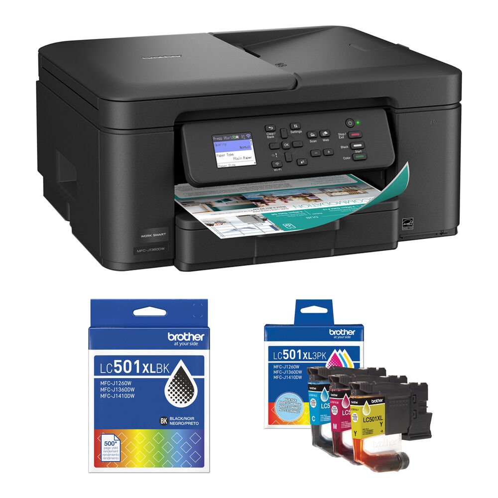 Brother Work Smart MFC-J1360DW Wireless Color Inkjet All-in-One Printer with LC501XL High-Yield Ink Cartridges Kit