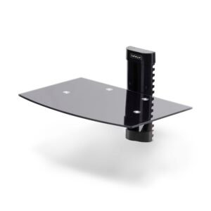 Floating Wall-Mounted AV Shelf, Adjustable Height Shelf For Under TV, Organize A/V Equipment On Black Tempered Glass Shelf