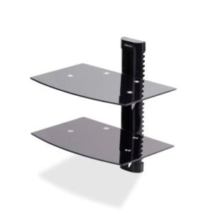 Dual Floating Wall-Mounted AV Shelves, Adjustable Height Shelf For Under TV, Organize A/V Equipment On Black Tempered Glass Shelves