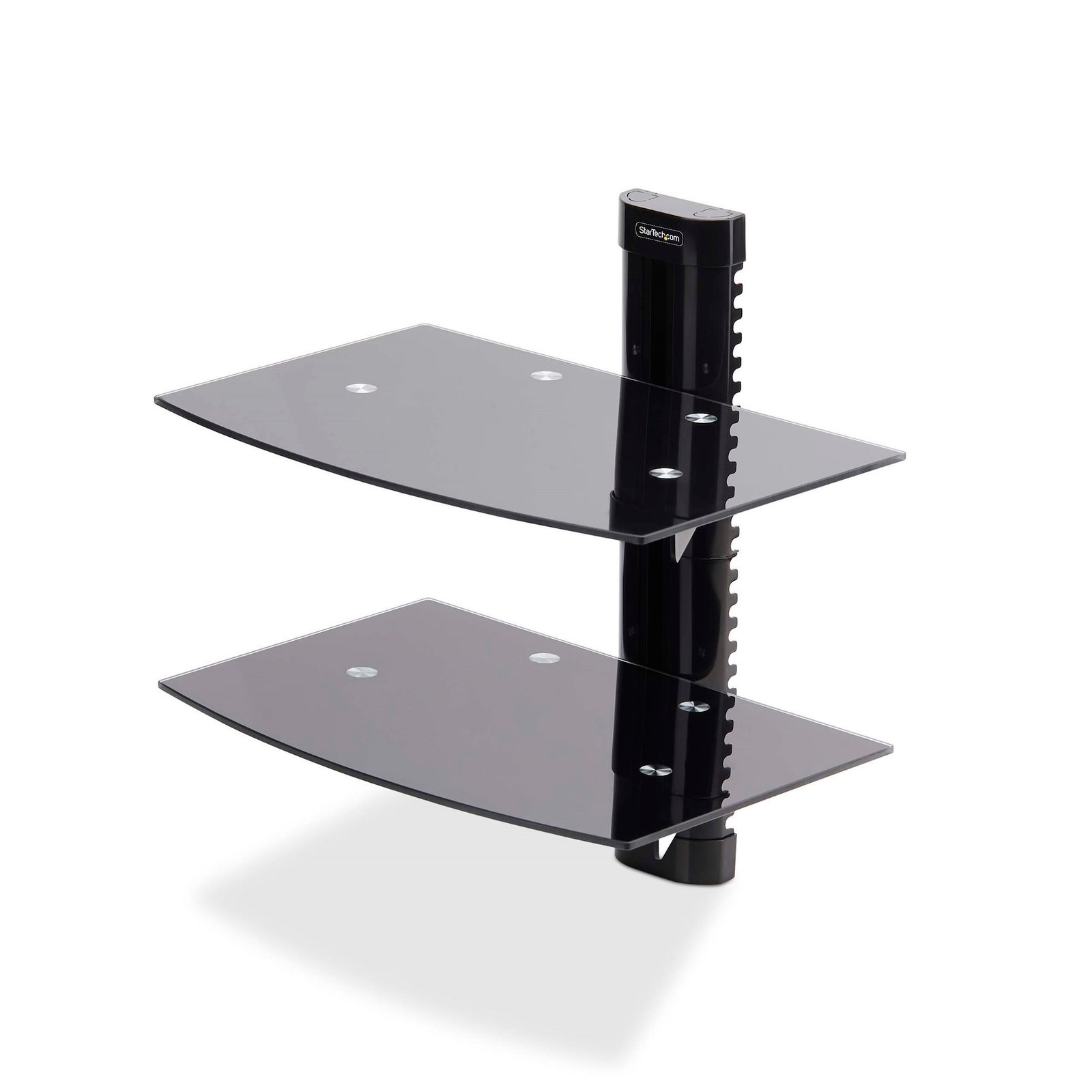 Dual Floating Wall-Mounted AV Shelves, Adjustable Height Shelf For Under TV, Organize A/V Equipment On Black Tempered Glass Shelves