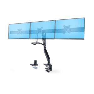 Desk Mount Triple Monitor Arm with Crossbar For Up To Three 27in Screens, VESA 75x75/100x100, Tool-Less Arm Adjustments, C-Clamp/Grommet