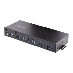 16-Port Industrial USB 3.0 Hub 5Gbps, Metal, DIN/Surface/Rack Mountable, ESD Protection, Terminal Block Power, up to 120W Shared USB