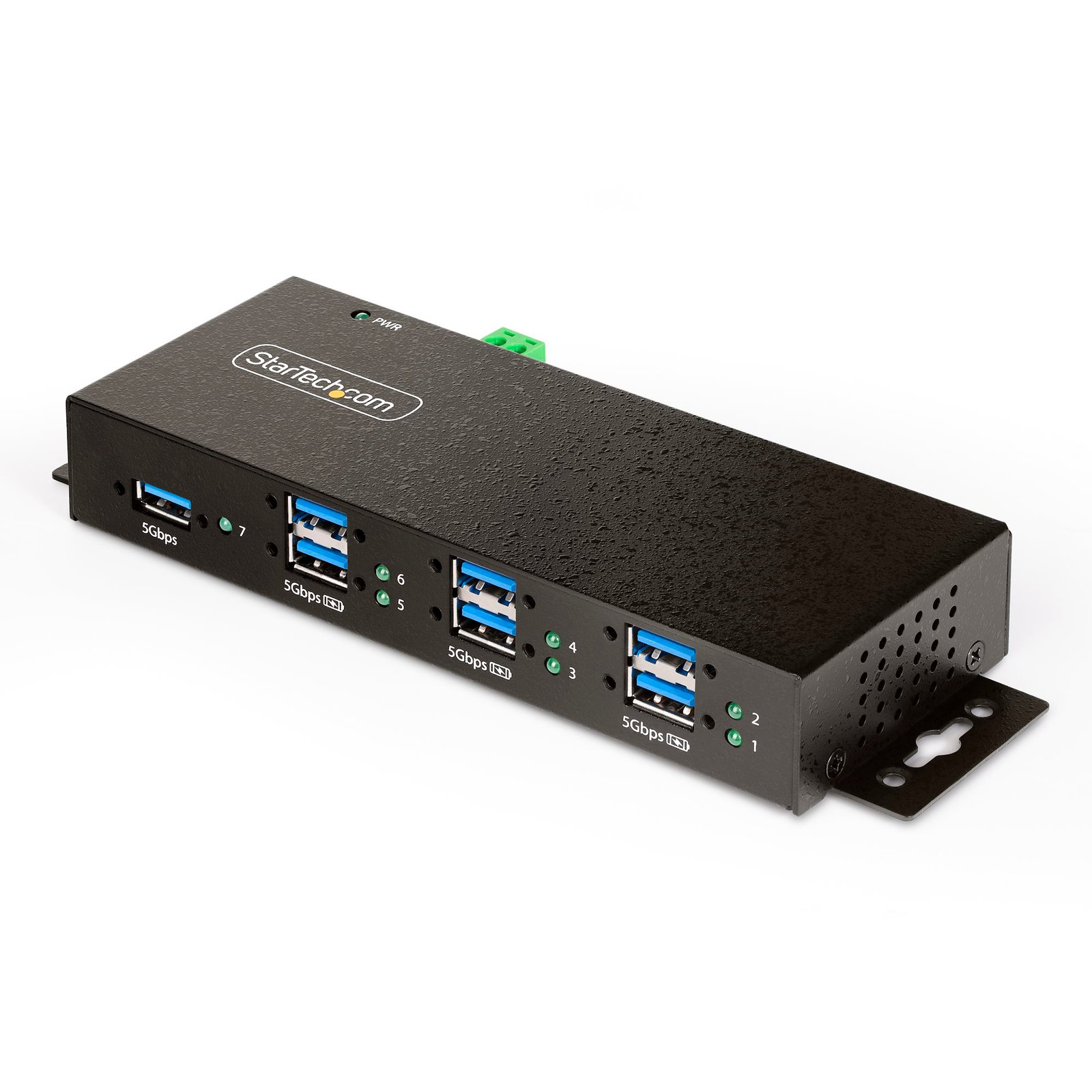 7-Port Managed USB Hub with 7x USB-A, Heavy Duty with Metal Industrial Housing, ESD & Surge Protection, Wall/Desk/Din-Rail Mountable, USB