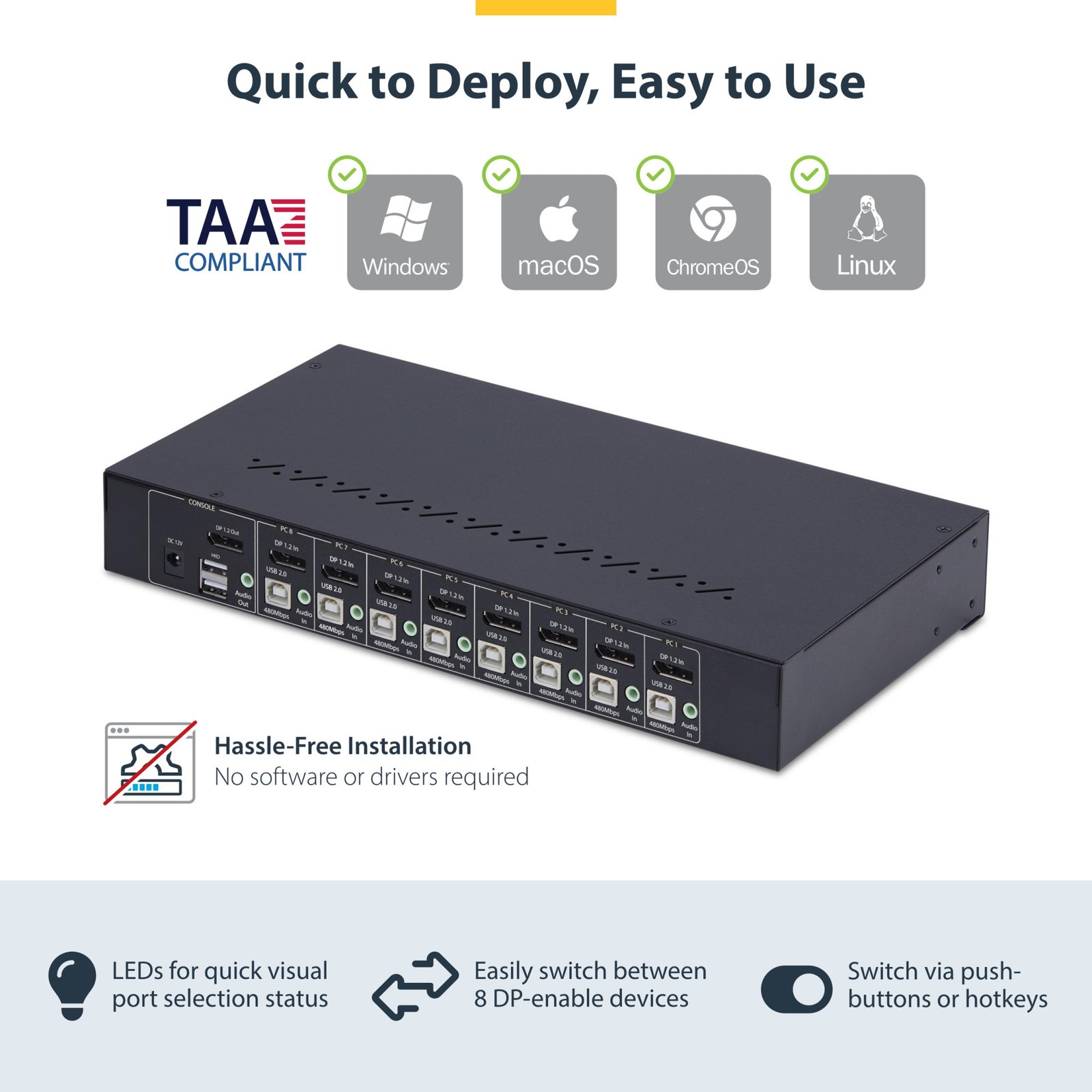 8-Port DisplayPort KVM Switch with 1U Rack Mount Kit, 4K 60Hz DP 1.2, Push-Button & Hotkey Switching, 4-Port USB Hub, OS Independent, TAA Compliant - Image 6