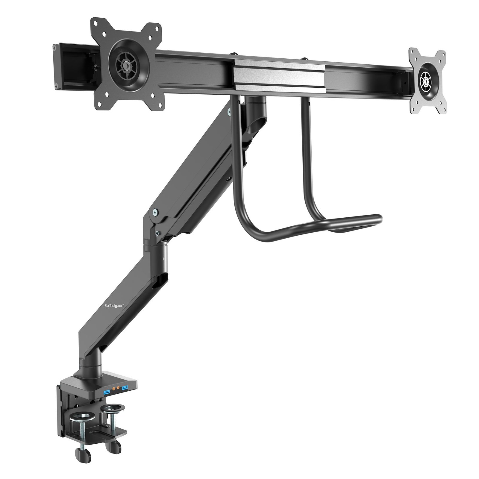 Desk Mount Dual Monitor Arm with USB & Audio - Slim Full Motion Adjustable Dual Monitor VESA Mount for up to 32" (17.6lb/8kg) Displays