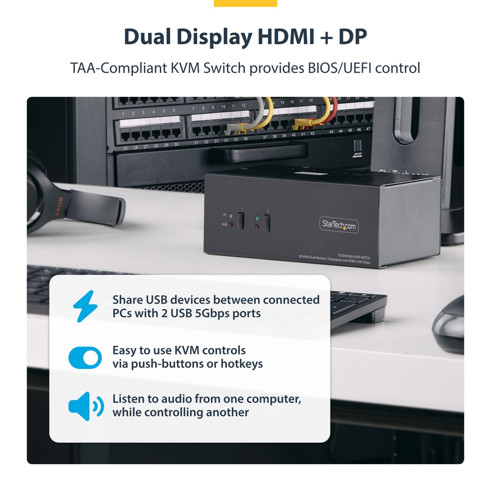 2-Port Dual-Monitor DisplayPort and HDMI KVM Switch, 4K 60Hz, 1x HDMI & 1x DP Monitor, 2-Port USB 5Gbps Hub, 2x USB HID Ports, TAA Compliant - Image 7
