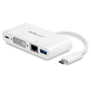 USB C Multiport Adapter - USB-C to DVI-D (Digital) Video Adapter with 60W Power Delivery Passthrough Charging, GbE, USB-A - Portable USB