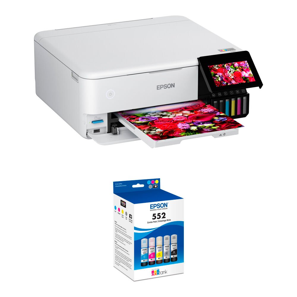Epson EcoTank Photo ET-8500 Wireless Color All-in-One Supertank Printer and Claria ET Premium T552 5-Pack Kit