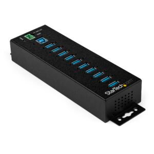 10-Port USB 3.0 Hub with Power Adapter - Metal Industrial USB-A Hub with ESD & 350W Surge Protection - Din/Wall/Desk Mountable - High Speed