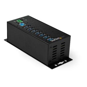 7-Port USB 3.0 Hub with Power Adapter - Metal Industrial USB-A Hub with ESD & 350W Surge Protection - Din/Wall/Desk Mountable - High Speed