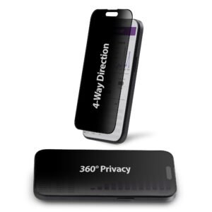 4-Way Privacy Screen For iPhone 15 Plus, Portrait/Landscape Orientation, Touch-Enabled, +/- 30° View, Tempered Glass Protector, 4Way