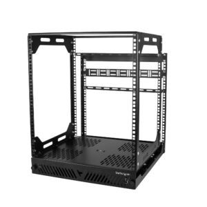 19in 12U Sliding Rotating Open Frame Network Rack - 4 Post AV/Data Rack - 16.7" Deep Slide-Out IT Equipment Rack w/Cable Management Pull