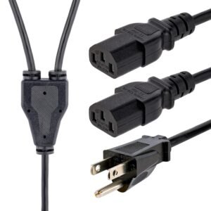 10ft (3m) Computer Power Cord, NEMA 5-15P to 2x IEC 320 C13, 10A 125V, 18AWG, Black Replacement AC Power Cord, Printer Power Cord, PC Power