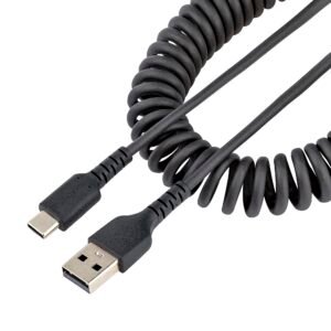 1.6ft (50cm) USB-A to USB-C Fast Charging Cable, Rugged, Coiled, Charge & Sync, 3A, USB 2.0, TPE Jacket and Aramid Fiber - USB Charging Cord