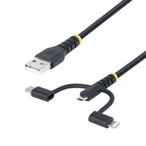 3.3ft (1m) Rugged USB Multi Charging Cable, USB to Lightning/Micro-USB/Type-C, Apple MFi Certified, Aramid Jacket, Universal 3-in-1 USB