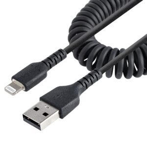 50cm (20in) USB to Lightning Cable, MFi Certified, Coiled iPhone Charger Cable, Black, Durable TPE Jacket Aramid Fiber, Heavy Duty Coil