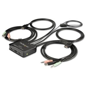 2 Port HDMI KVM Switch - 4K 60Hz - Compact Dual Port UHD/Ultra HD USB Desktop KVM Switch w/Integrated 4ft Cables & Audio - Bus Powered &