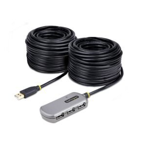 USB Extender Hub, 24m USB 2.0 Extension Cable with 4-Port USB-A Hub, Active/Bus Powered USB Repeater Cable, Optional 10W Power Supply
