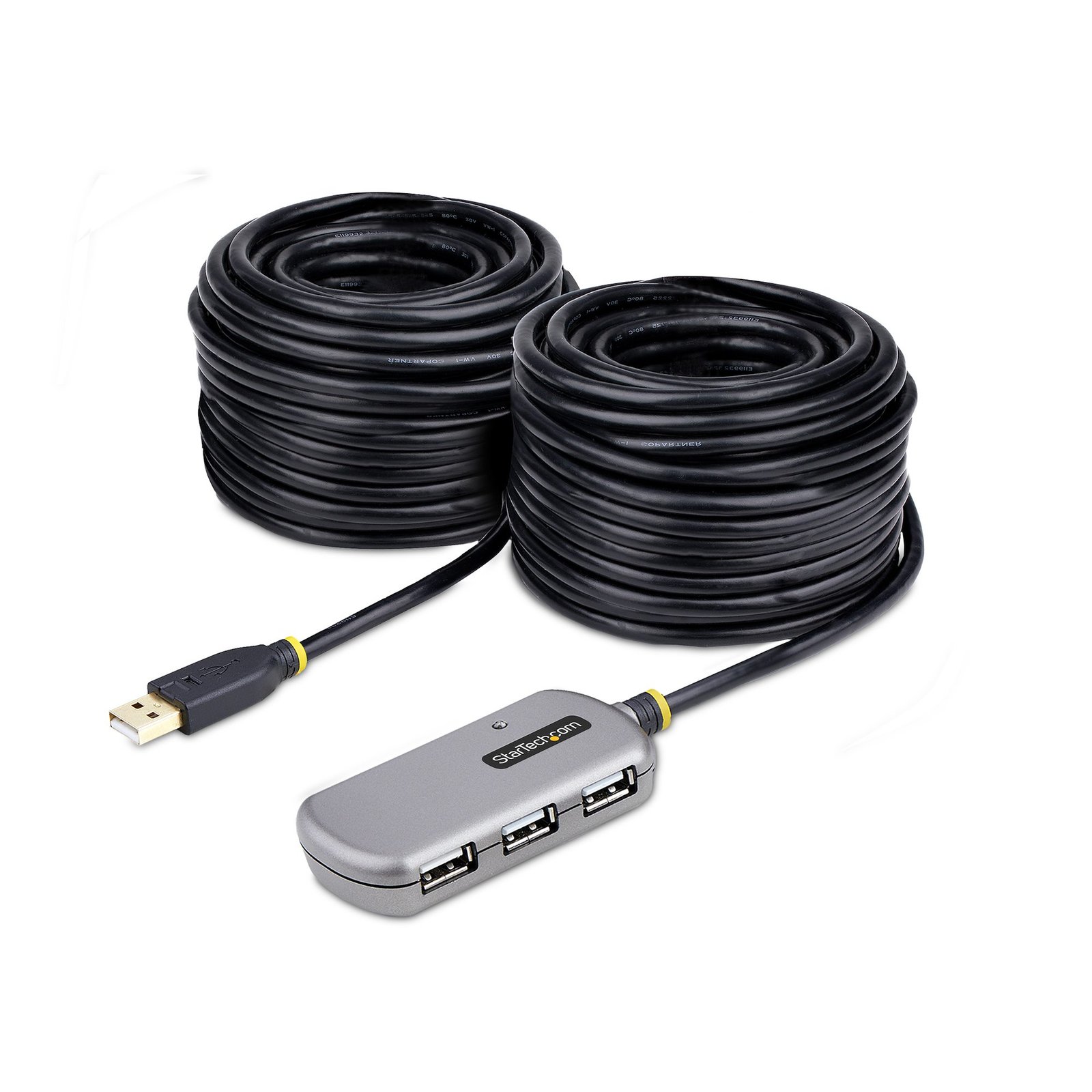 USB Extender Hub, 24m USB 2.0 Extension Cable with 4-Port USB-A Hub, Active/Bus Powered USB Repeater Cable, Optional 10W Power Supply