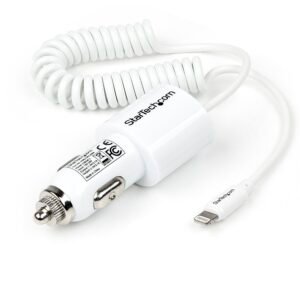 Dual-Port Car Charger - USB with Built-in Lightning Cable - White