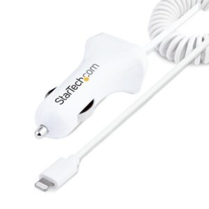 Lightning Car Charger with Coiled Cable, 1m Coiled Lightning Cable, 12W, White, 2 Port USB Car Charger Adapter for Phones and Tablets, Dual