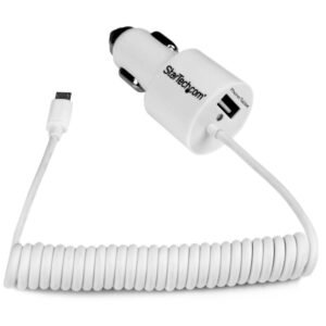 Dual-Port Car Charger - USB with Built-in Micro-USB Cable - White