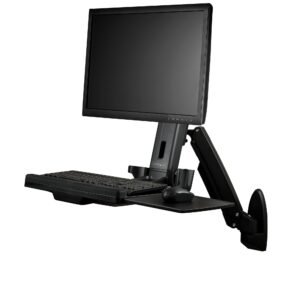 Wall Mount Workstation - Articulating Full Motion Standing Desk with Ergonomic Height Adjustable Monitor & Keyboard Tray Arm - Mouse &