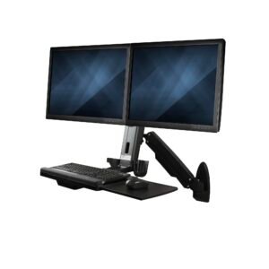 Wall Mount Workstation - Articulating Full Motion Standing Desk w/ Height Adjustable Dual VESA Monitor & Keyboard Tray Arm - Mouse/Scanner