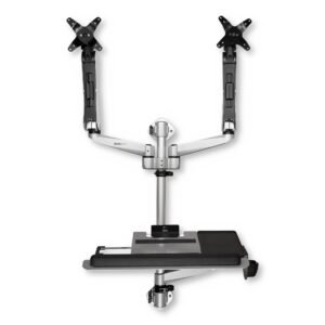 Wall Mount Workstation - Articulating Standing Desk with Ergonomic Height Adjustable Dual Monitor Arm & Keyboard Tray - 2x 30" VESA
