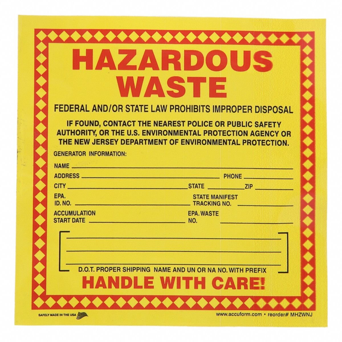 ACCUFORM DOT Handling Label: 6 in x 6 in, 6 in Label Wd, 6 in Label Ht, Vinyl, Label, 25 PK
