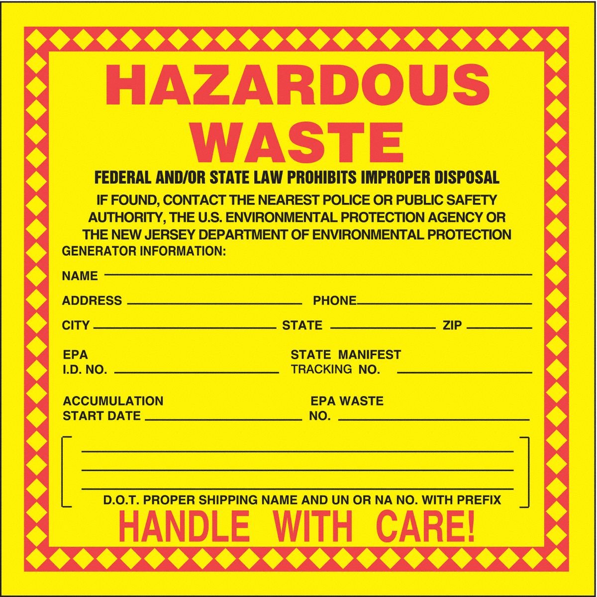 ACCUFORM DOT Handling Label: 6 in x 6 in, 6 in Label Wd, 6 in Label Ht, Vinyl, Label, 25 PK