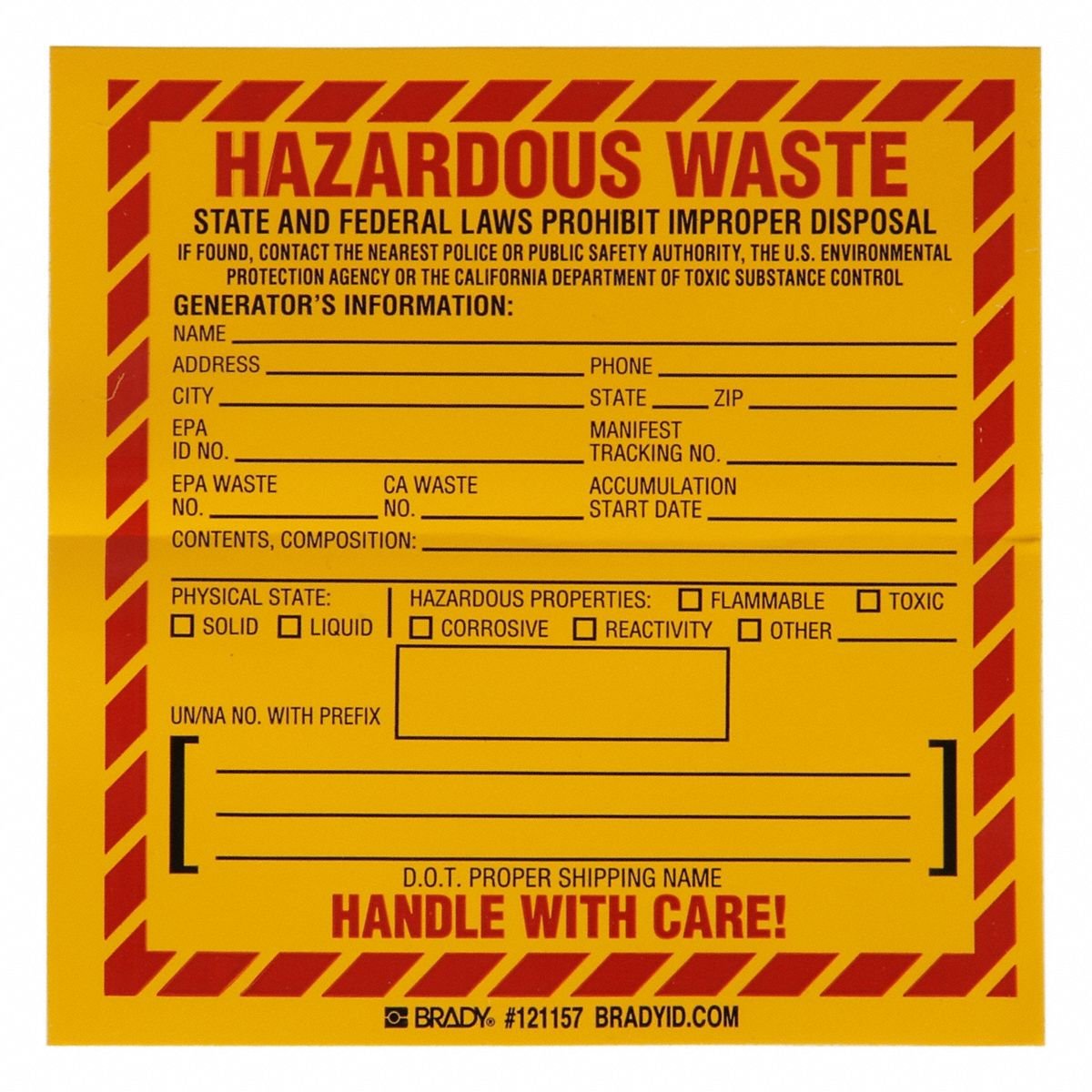 BRADY DOT Handling Label: 6 in x 6 in, 6 in Label Wd, 6 in Label Ht, Vinyl, Label, Yellow, 50 PK