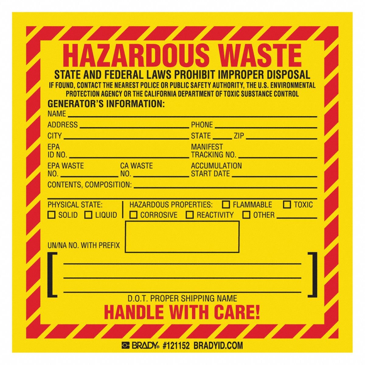 BRADY DOT Handling Label: 6 in x 6 in, 6 in Label Wd, 6 in Label Ht, Vinyl, Label, Yellow, 50 PK