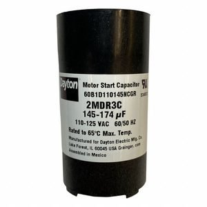 DAYTON Motor Start Capacitor: Round, 2 3/4 in Case Ht, 1 7/16 in Dia, 110-125V AC, 145-174 MFD