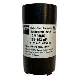 DAYTON Motor Start Capacitor: Round, 2 3/4 in Case Ht, 1 7/16 in Dia, 110-125V AC, 161-193 MFD