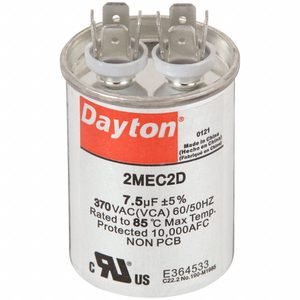 DAYTON Motor Run Capacitor: Round, 370V AC, 7.5 MFD, 1 5/8 in Overall Dia, 2 3/4 in Overall Ht