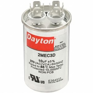 DAYTON Motor Run Capacitor: Round, 370V AC, 10 MFD, 1 5/8 in Overall Dia, 3 in Overall Ht, Aluminum