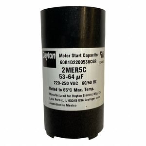 DAYTON Motor Start Capacitor: Round, 2 3/4 in Case Ht, 1 7/16 in Dia, 220-250V AC, 53-64 MFD, 2MER5