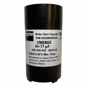 DAYTON Motor Start Capacitor: Round, 2 3/4 in Case Ht, 1 7/16 in Dia, 220-250V AC, 64-77 MFD, 2MER6