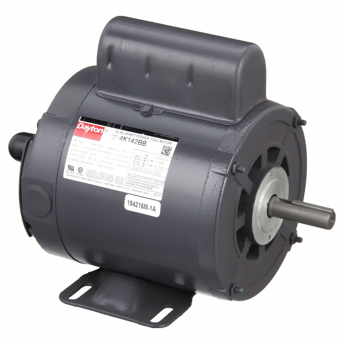 DAYTON Power Tool Motor: Capacitor-Start, 1/2 hp Horsepower, 1,725 RPM RPM, 115/230V AC, CW/CCW, ODP