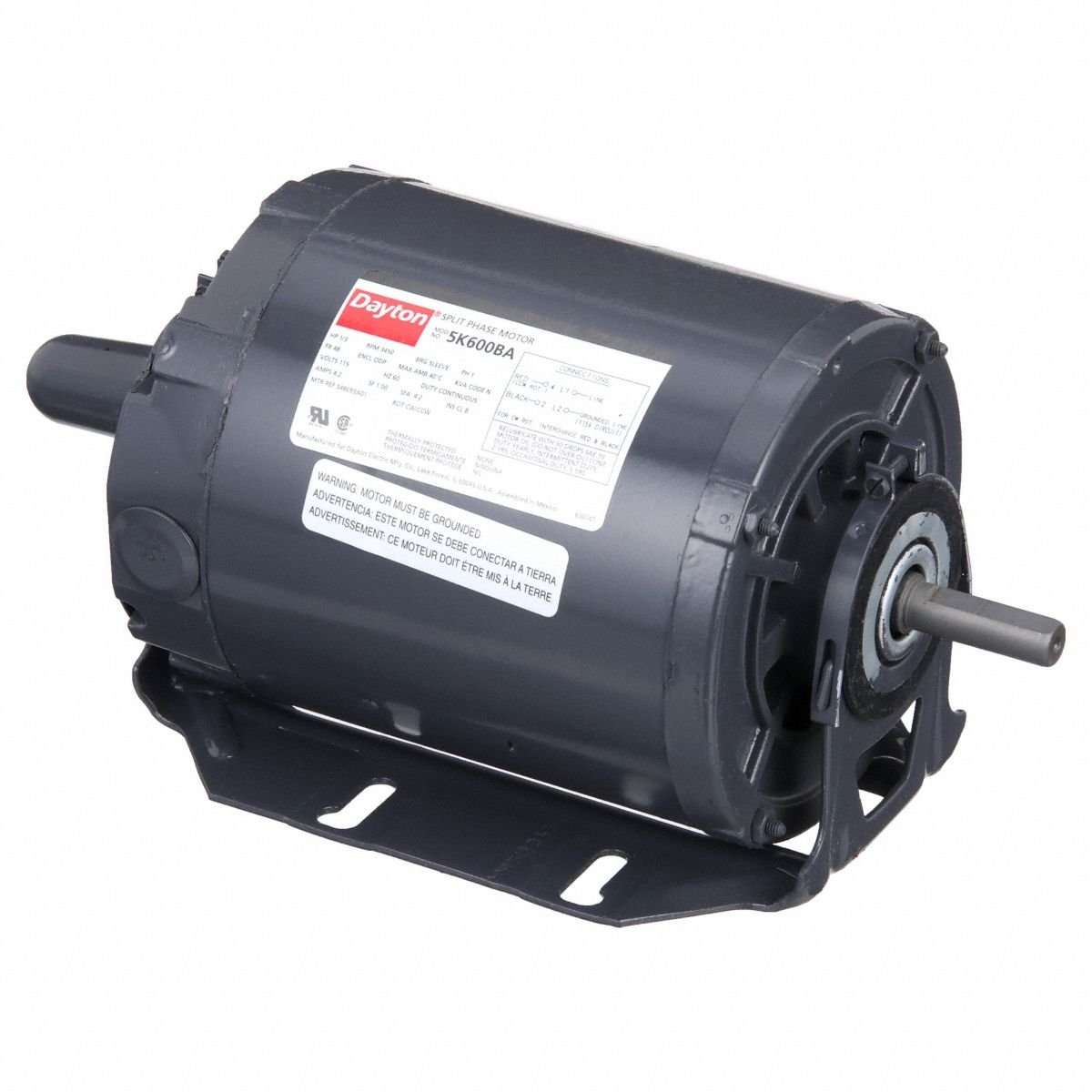 DAYTON Power Tool Motor: Split-Phase, 1/3 hp Horsepower, 3,450 RPM RPM, 115V AC, 48 Frame Size, ODP