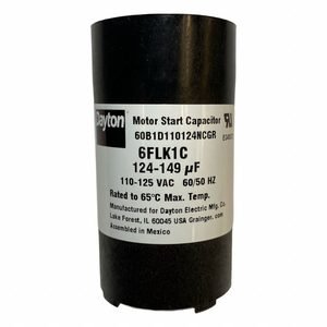 DAYTON Motor Start Capacitor: Round, 2 3/4 in Case Ht, 1 7/16 in Dia, 110-125V AC, 124-149 MFD