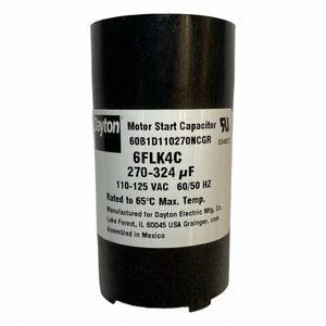 DAYTON Motor Start Capacitor: Round, 2 3/4 in Case Ht, 1 7/16 in Dia, 110-125V AC, 270-324 MFD