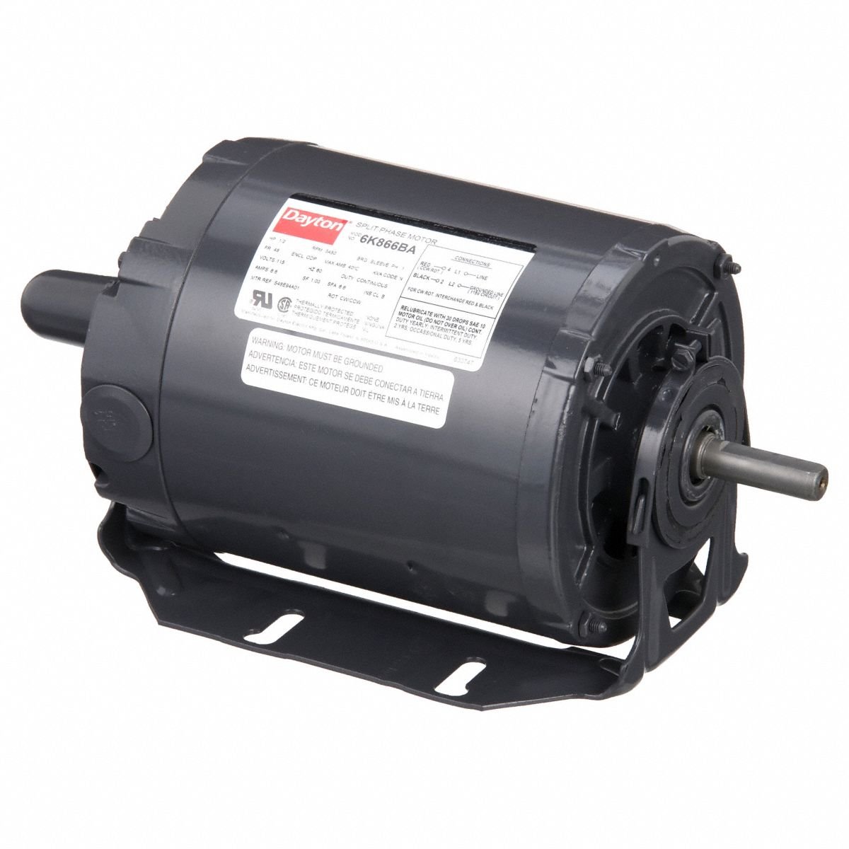 DAYTON Power Tool Motor: Split-Phase, 1/2 hp Horsepower, 3,450 RPM RPM, 115V AC, 48 Frame Size, ODP