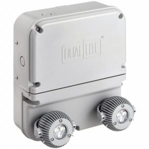 Emergency Lights: 6 W Lamp Watt, 12 W Emergency Watt, 120V AC, 2 Lamp Heads, Plastic, Surface, Gray